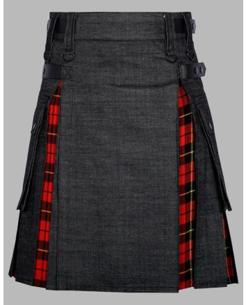 Modern Black Denim With Wallace Tartan Handmade Hybrid Kilt