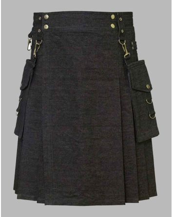 Black Denim Kilt With Detachable Pocket Back