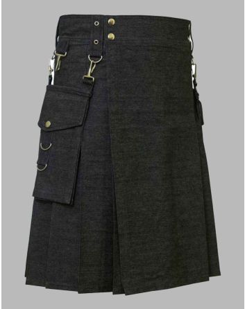 Black Denim Kilt With Detachable Pocket Back