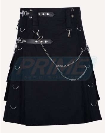 Gothic Style Black Cotton Utility Kilt