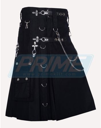 Gothic Style Black Cotton Utility Kilt