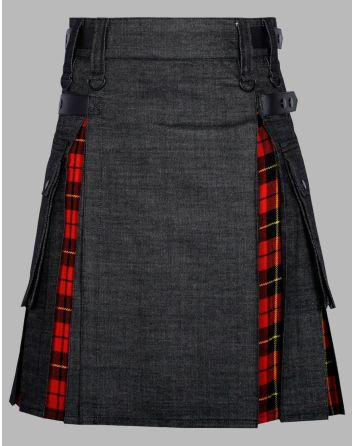 Modern Black Denim With Wallace Tartan Handmade Hybrid Kilt