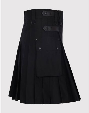 Leather Straps Black Cotton Utility Kilt