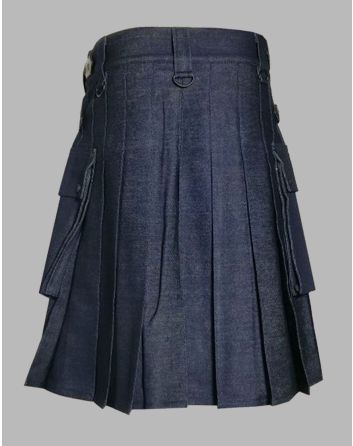 Men Blue Denim Utility Cargo Pockets Kilt