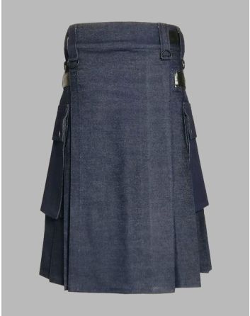 Men Blue Denim Utility Cargo Pockets Kilt