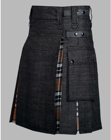 Modern Black Denim With Campbell of Thomson Tartan Hybrid Utility Kilt