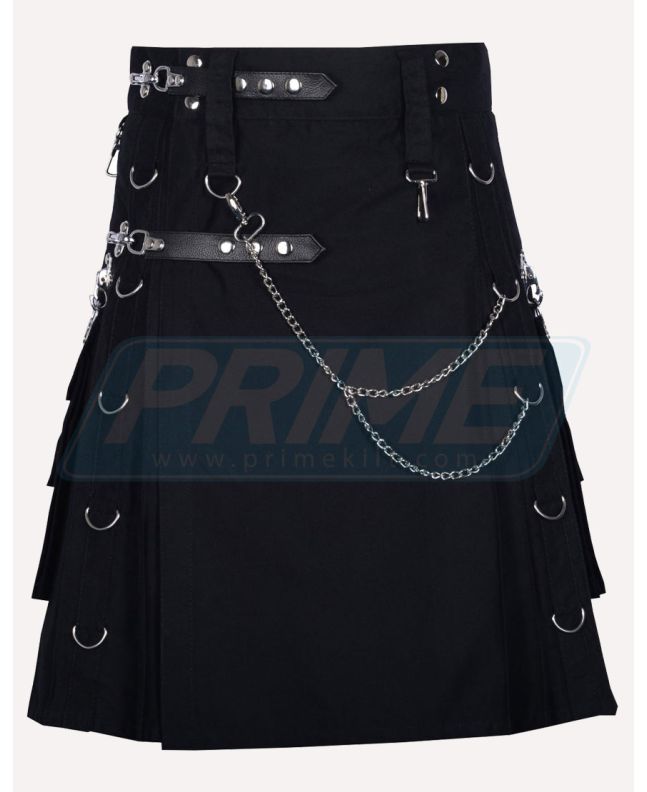 Gothic Style Black Cotton Utility Kilt