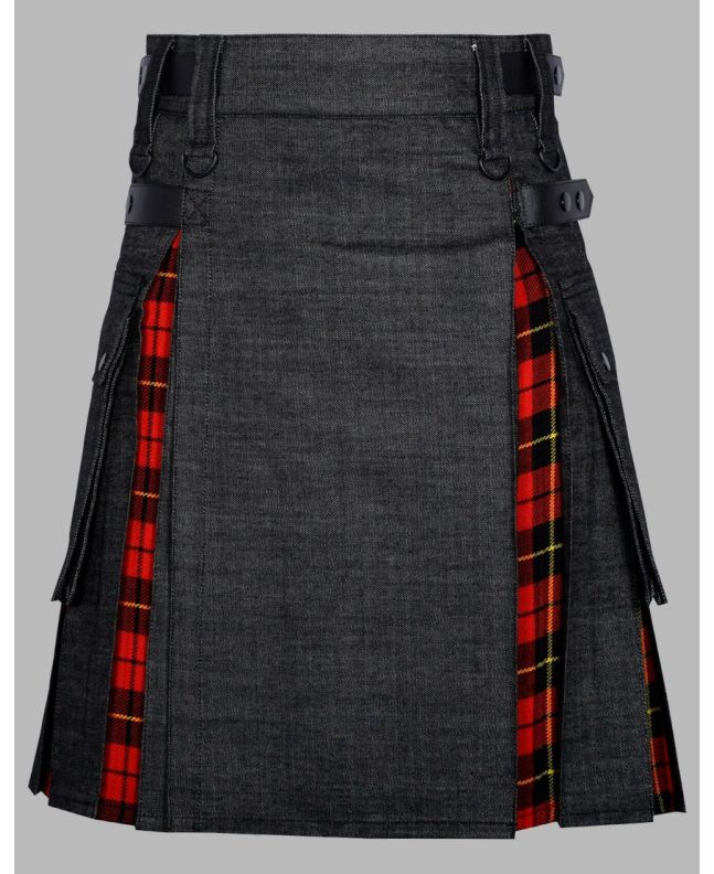 Modern Black Denim With Wallace Tartan Handmade Hybrid Kilt